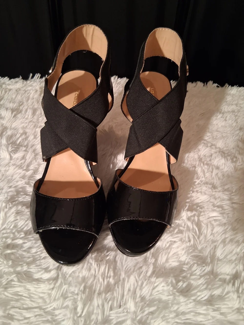 Liz Claiborne Black Patent & Fabric Crisscross Slingback Heels NWOT